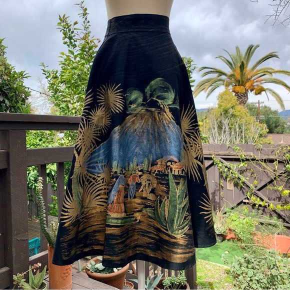 VINTAGE Mexican 1950s Black & Metallic Hand Painted Souvenir Circle Midi Skirt - Picture 3 of 11
